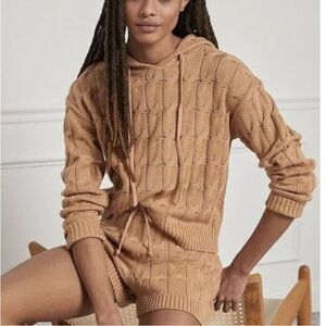 Anthropologie Saturday Sunday Ellyn Cable Knit Hoodie and Shorts Tan Set- L